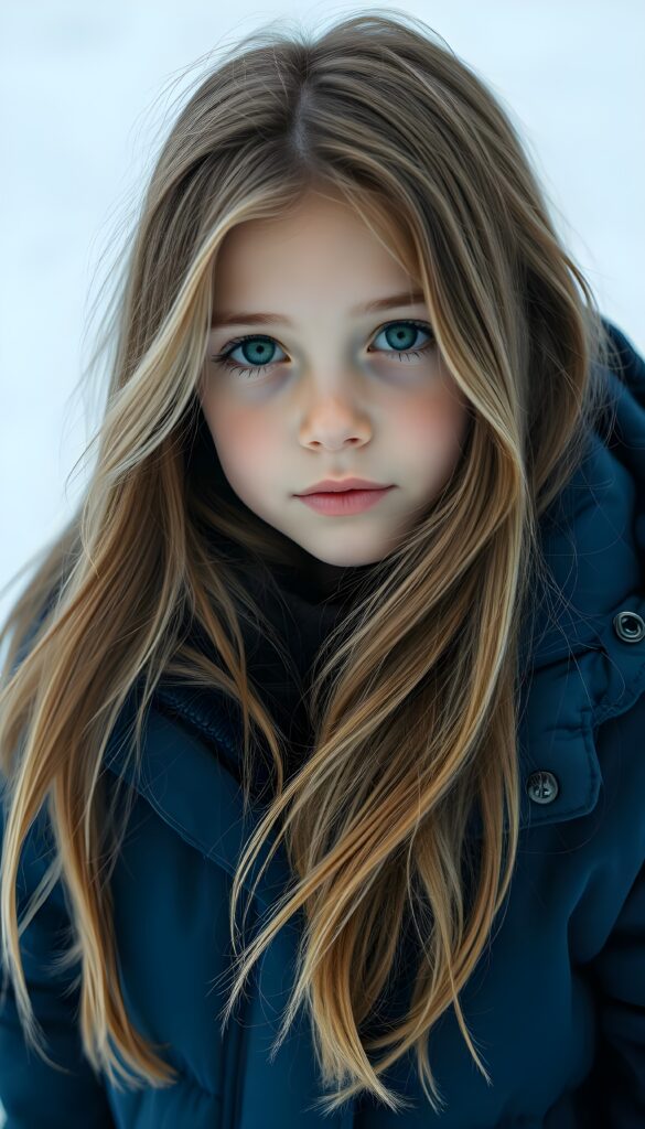 A young girl with long, thick, soft full open light-blonde hair and brown highlights is wearing a thick blue winter jacket. She has green eyes, white backdrop. She looks up to the viewer.