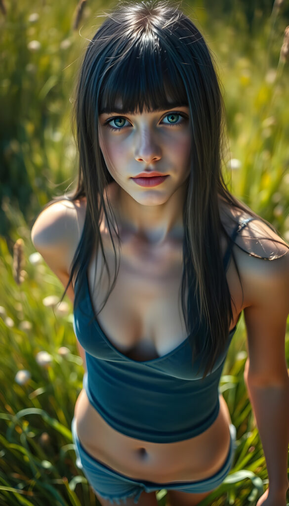A young girl with long, straight, dark blue obsidian hair stands in a sunlit meadow, her shiny dark blue eyes sparkling under the bright sun. She wears a tight, form-fitting short tank top with a deep v-neck, revealing a bit of her chest. The scene is viewed from above, showcasing her full body and the vibrant green grass beneath her feet. The lighting casts gentle shadows, creating a serene and cheerful atmosphere, Photograph Portrait Close-up Sharp focus 35mm