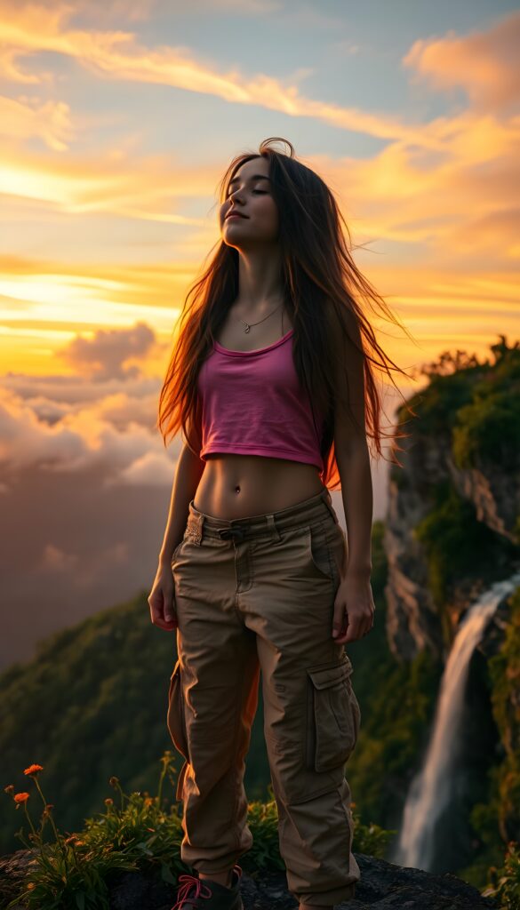 A young girl with long, flowing hair stands triumphantly on a mountain peak, her eyes closed in serene contemplation. She wears a vibrant, cropped tank top and cargo pants, blending harmoniously with the vivid hues of the sunset. The sky is painted with streaks of orange and pink, while fluffy clouds drift lazily by. The mountainside is alive with lush greenery and wildflowers, and a waterfall cascades down the cliff, reflecting the soft, golden light. A gentle breeze rustles the leaves, adding to the peaceful ambiance.