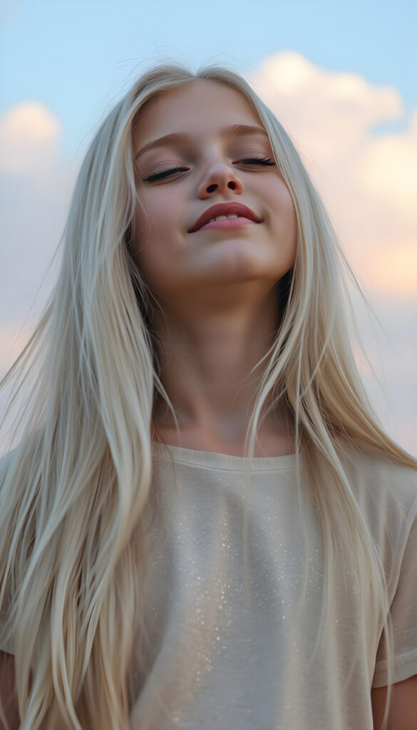 A young girl with long, flowing platinum blonde hair, her eyes closed in anticipation, a round face with full, kissable lips slightly parted, revealing her white teeth, stands against a soft gradient of light blue and lilac. Her head is tilted slightly upwards, wearing a delicate, shimmering gold t-shirt that sparkles under the warm, golden hour light filtering through the serene clouds above. The scene is dreamy, with soft, pastel-colored flowers gently swaying in the breeze around her, creating a romantic and whimsical atmosphere.
