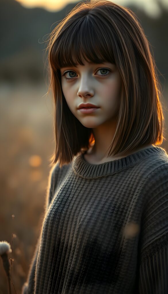 A young girl with chestnut-brown straight long hair and blond highlights in a perfect shoulder-length bob cut, bangs, warm tan skin stands in a twilight meadow, wearing a fine sweater made of wool. Her eyes are dark and gentle, and her expression is calm and loyal. The background features soft, glowing dust and blurred trees, creating a cozy, atmospheric setting. The image is rendered in a semi-realistic fantasy illustration style, with a focus on warm brown tones and a subtle, enchanting glow. Golden sunset.