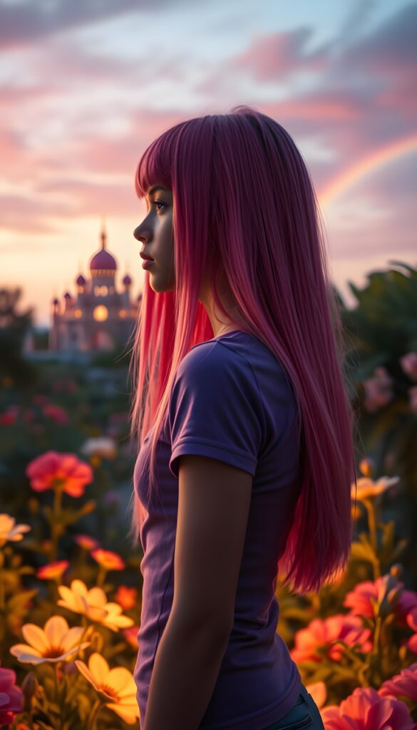 A young girl with ((long, straight neon pink hair)), dressed in a fitted violet t-shirt, stands in a whimsical garden at twilight. The garden is filled with vibrant, oversized flowers, and the sky is a blend of soft pinks and purples. She gazes thoughtfully at a distant, ethereal castle illuminated by a warm, magical glow, with a rainbow arching over the landscape. Perfect female curved body. View from the side.