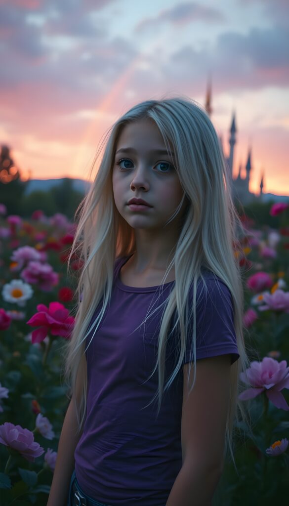 A young girl with long, flowing white hair and expressive brown eyes, dressed in a fitted violet t-shirt, stands in a whimsical garden at twilight. The garden is filled with vibrant, oversized flowers, and the sky is a blend of soft pinks and purples. She gazes thoughtfully at a distant, ethereal castle illuminated by a warm, magical glow, with a rainbow arching over the landscape.