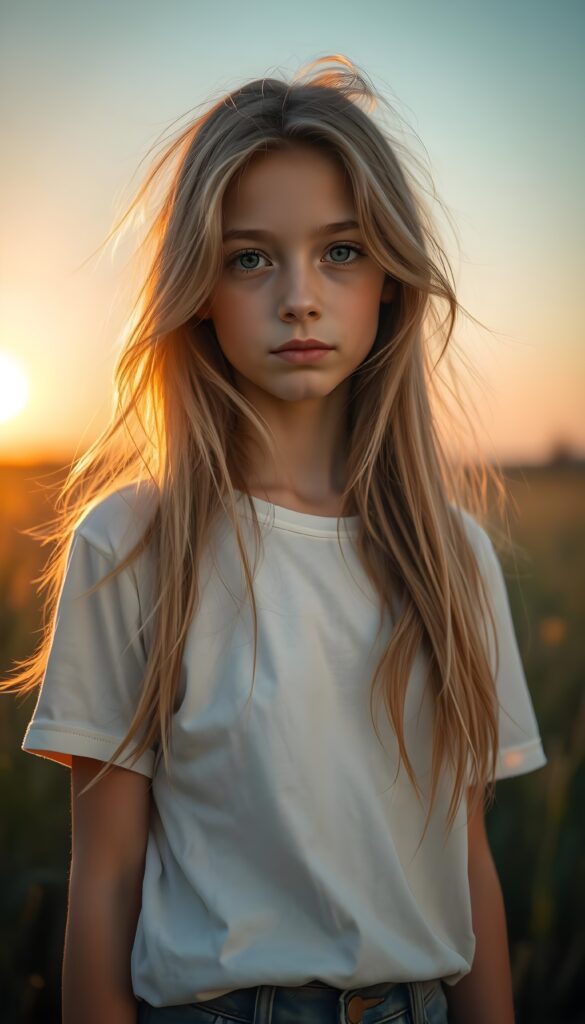 A young girl with pale skin and long light brown hair with blonde highlights, wearing a white t-shirt, stands in a grassy meadow bathed in the warm glow of the sunset. Her hair is gently blowing in the wind, and her green eyes sparkle with a soft, tranquil expression.