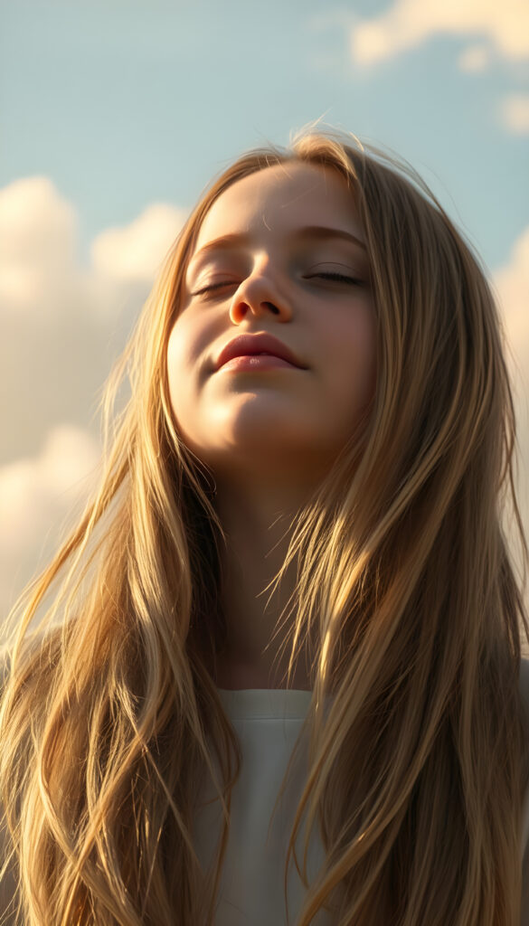 A young girl with long, flowing golden hair cascades over her shoulders, her eyes closed in anticipation, lips slightly parted in a soft pout. She stands against a backdrop of swirling pastel hues, with sunlight filtering through soft clouds, casting a dreamy, ethereal glow. Her face is round and delicate, with full lips and a hint of a smile, her white teeth gleaming in the light. She lifts her head slightly, her expression serene and hopeful, as if awaiting a gentle breeze or a tender embrace. The scene is bathed in a warm, golden light, with soft, fluffy clouds in the sky, creating a magical and enchanting atmosphere.