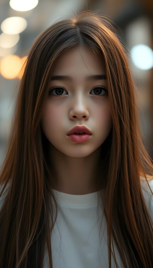 A young girl with long, straight hazelnut brown hair blows a kiss to the camera. Her lips are round. Cute. White t-shirt.