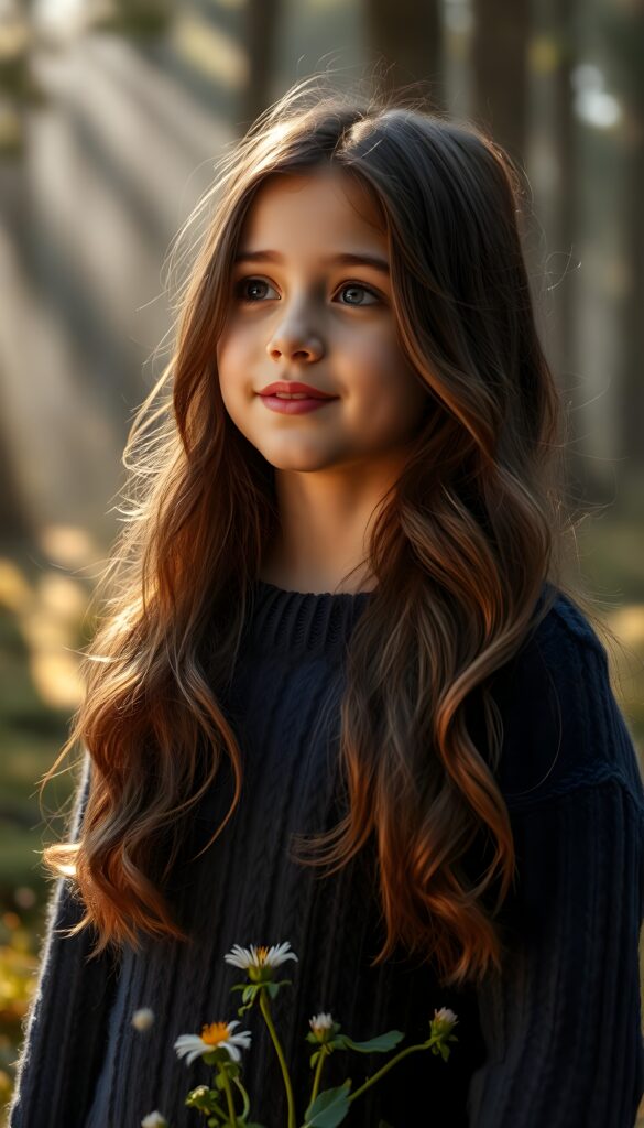 a full body shot from a young girl with long, wavy hazelnut brown hair, her hair cascading down her shoulders. Her lips are full and pink. She wears a cozy, fine wool sweater in a warm, deep navy blue, with a subtle cable knit pattern. She stands in a serene, misty forest, with rays of sunlight filtering through the trees, casting a golden glow on her face. The forest floor is covered in soft, emerald green moss, with delicate wildflowers blooming around her feet. She has a gentle smile, and a sense of peace and wonder is in her eyes, as she looks into the distance, surrounded by the tranquility of nature.