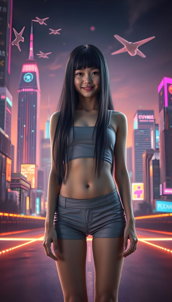 A young girl with long, straight hair cascading down her back, standing confidently in a futuristic, neon-lit cityscape. She wears a sleek, form-fitting crop top and high-waisted shorts, her posture exuding elegance and playfulness. Her eyes sparkle with determination, her smile radiant. The background features a vibrant, holographic skyline with towering skyscrapers and flying vehicles, illuminated by an array of colorful lights. The scene is dynamic, with a subtle glow emanating from the ground, adding a sense of motion and energy to the image. Front view.