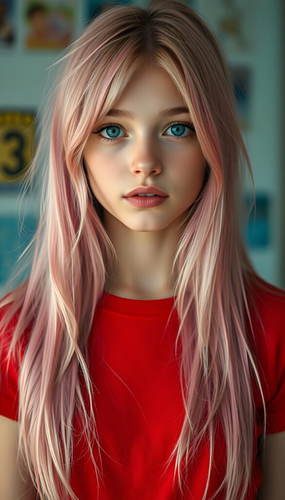 A young girl with porcelain skin and bright blue eyes, her lips full and lips with white teeth, a symmetrical face. She has long, soft neon pink hair that cascades down her shoulders like a waterfall of candyfloss. She wears a red t-shirt.