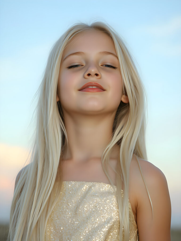 A young girl with long, flowing platinum blonde hair, her eyes closed in anticipation, a round face with full, kissable lips slightly parted, revealing her white teeth, stands against a soft gradient of light blue and lilac. Her head is tilted slightly upwards, wearing a delicate, shimmering gold dress that sparkles under the warm, golden hour light filtering through the serene clouds above. The scene is dreamy, with soft, pastel-colored flowers gently swaying in the breeze around her, creating a romantic and whimsical atmosphere.