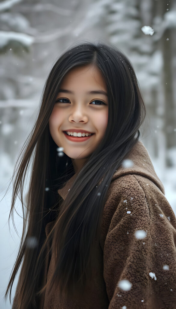 A young girl with long, straight, shiny black hair wears a thick brown winter coat. Snow is falling. A white, snow-covered winter forest. She has red cheeks, red lips, and is smiling, white teeth. Her hair blows gently in the wind.