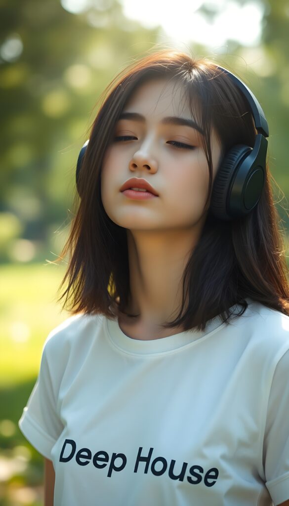 A young teen girl with soft, straight brown shoulder-long hair and blond highlights wears large wireless headphones and listens to music with her eyes closed. The sun shines on her flawless face. Green natural background in a park. Peaceful. She wears a white thin T-shirt with the words “Deep House” printed on it. Front view.