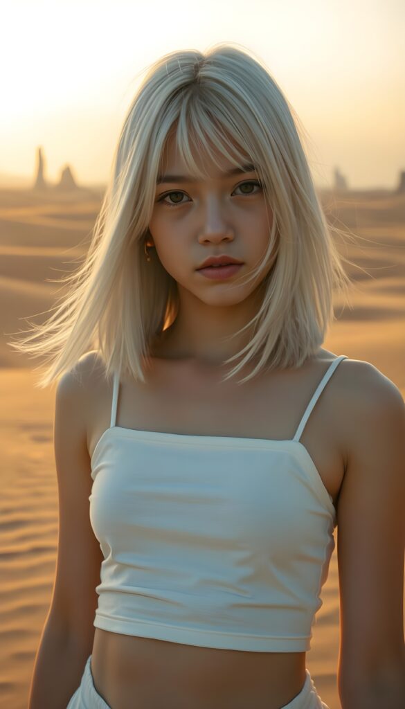 a girl with white soft long straight hair in a perfect shoulder length bob cut, white dressed in a tank top, in a sandy desert.