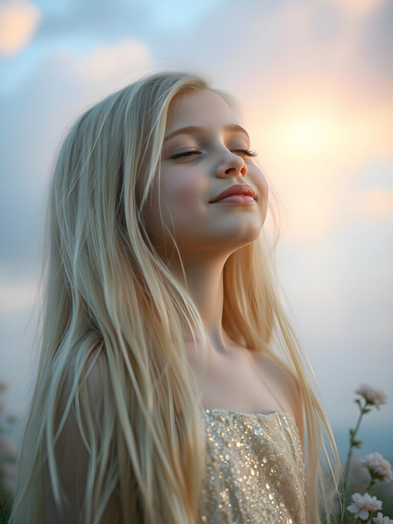 A young girl with long, flowing platinum blonde hair, her eyes closed in anticipation, a round face with full, kissable lips slightly parted, revealing her white teeth, stands against a soft gradient of light blue and lilac. Her head is tilted slightly upwards, wearing a delicate, shimmering gold dress that sparkles under the warm, golden hour light filtering through the serene clouds above. The scene is dreamy, with soft, pastel-colored flowers gently swaying in the breeze around her, creating a romantic and whimsical atmosphere.