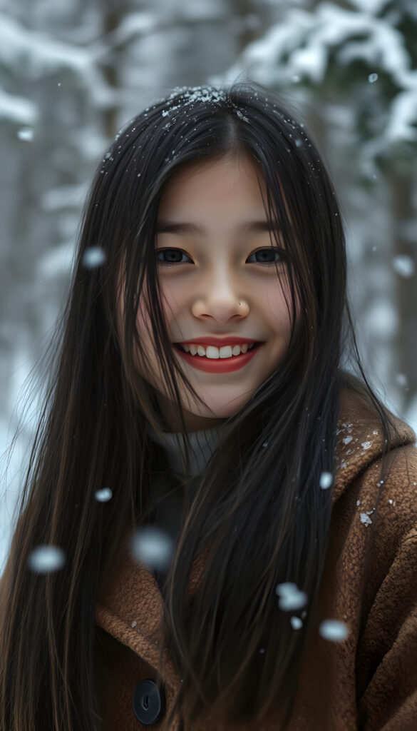 A young girl with long, straight, shiny black hair wears a thick brown winter coat. Snow is falling. A white, snow-covered winter forest. She has red cheeks, red lips, and is smiling, white teeth. Her hair blows gently in the wind.