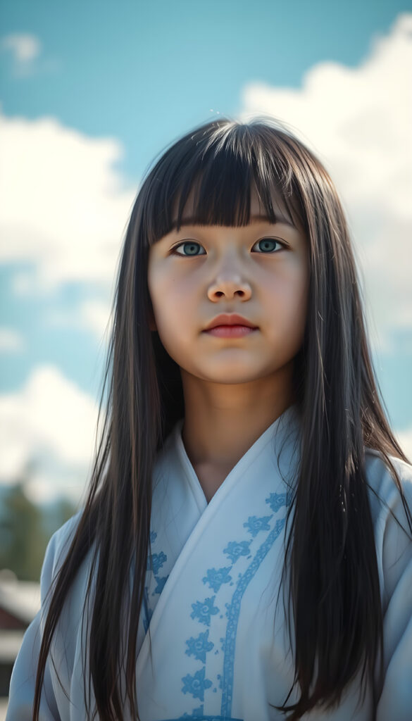 A young girl with long, straight, shiny black hair and bangs stands in a traditional white and light blue Ainu dress. Her delicate, pale skin and distinctive light blue eyes are meticulously detailed, with a serene and natural expression. Her full lips are painted a soft pink. The image is vibrant, featuring a bright blue sky with fluffy white clouds, contrasting beautifully with the intricate patterns of her dress. The composition highlights the cultural richness and natural beauty, with warm sunlight casting a gentle glow on her face and dress.