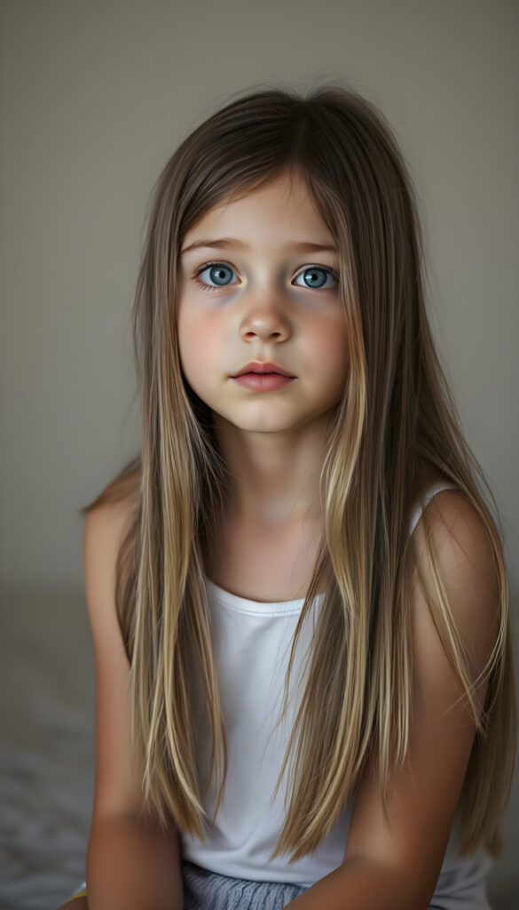 A young girl with long, straight, silky hair sits in a softly lit studio, her innocence radiating in her wide, curious blue shiny eyes. She is dressed in a white thin undershirt. The background is a gradient of soft greys and muted tones, giving a timeless feel. Her posture is relaxed yet poised, her hands gently resting on her lap. The lighting is soft and warm, casting gentle shadows that enhance her delicate features. The atmosphere is serene and contemplative, with a hint of dreaminess.