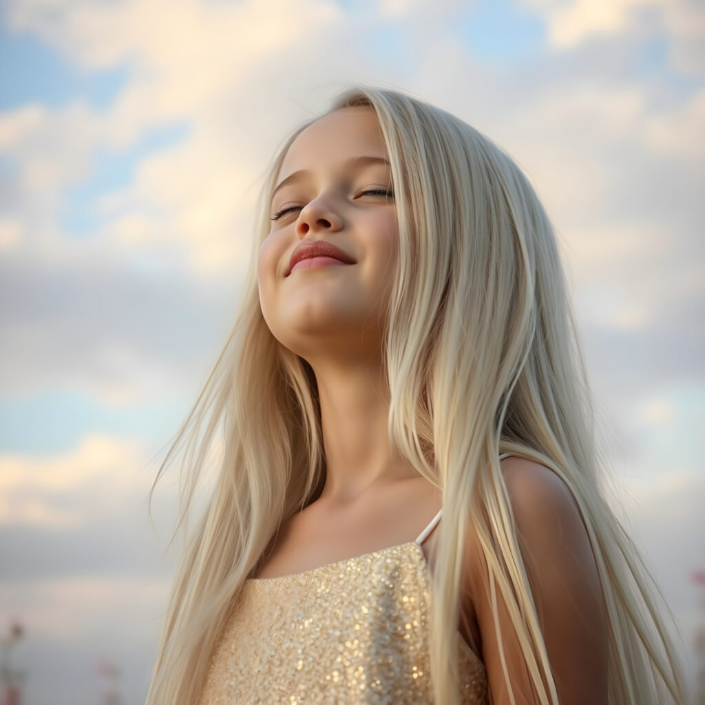 A young girl with long, flowing platinum blonde hair, her eyes closed in anticipation, a round face with full, kissable lips slightly parted, revealing her white teeth, stands against a soft gradient of light blue and lilac. Her head is tilted slightly upwards, wearing a delicate, shimmering gold dress that sparkles under the warm, golden hour light filtering through the serene clouds above. The scene is dreamy, with soft, pastel-colored flowers gently swaying in the breeze around her, creating a romantic and whimsical atmosphere.