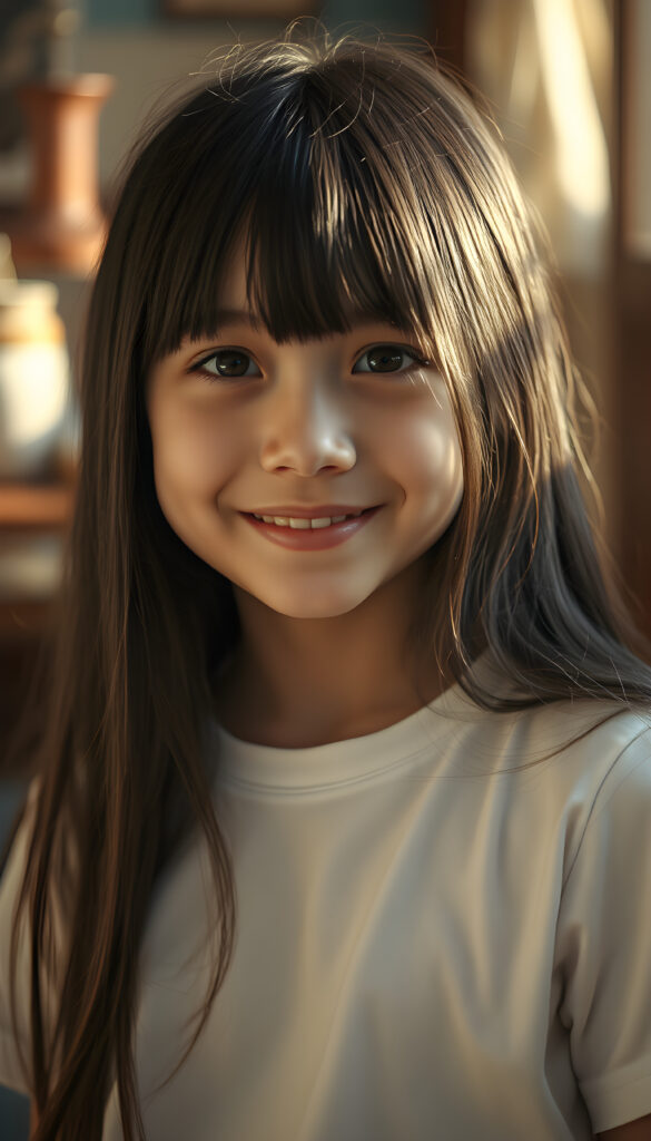 A young girl with long, soft black hair and bright, detailed eyes, wearing a crisp white t-shirt. Her skin has a pale, almost translucent quality, and she smiles playfully at the camera, the scene is bathed in warm, golden light, creating a whimsical and serene atmosphere.