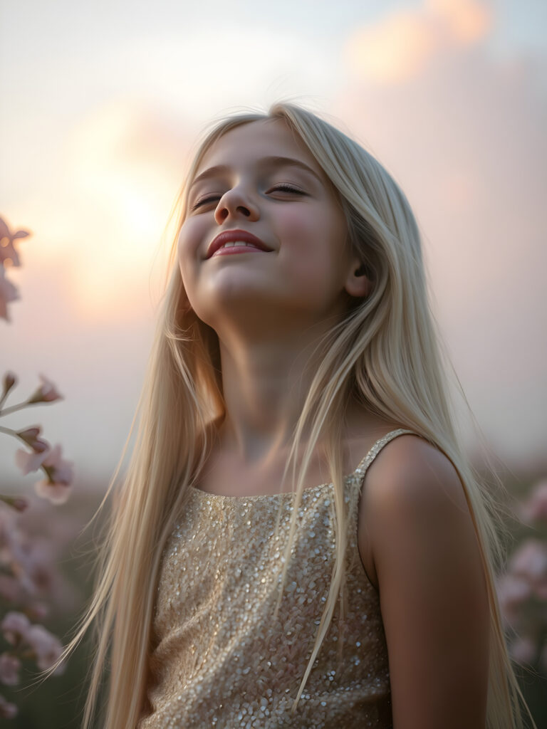A young girl with long, flowing platinum blonde hair, her eyes closed in anticipation, a round face with full, kissable lips slightly parted, revealing her white teeth, stands against a soft gradient of light blue and lilac. Her head is tilted slightly upwards, wearing a delicate, shimmering gold dress that sparkles under the warm, golden hour light filtering through the serene clouds above. The scene is dreamy, with soft, pastel-colored flowers gently swaying in the breeze around her, creating a romantic and whimsical atmosphere.