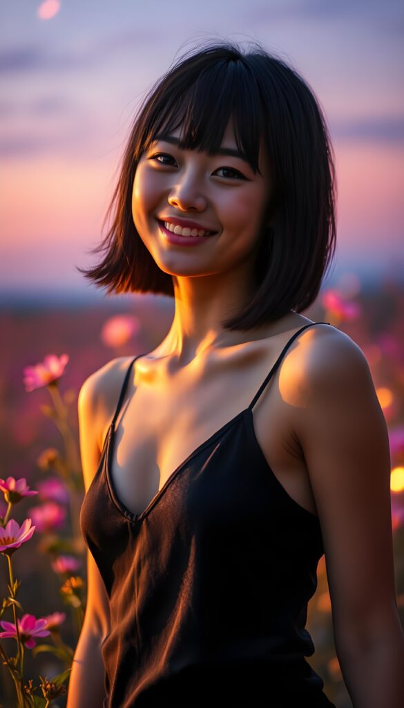 A young girl with dark, shoulder-length hair styled in a sleek bob cut, wearing a black spaghetti strap top with a deep neckline, stands confidently against a backdrop of soft, ethereal twilight. Her playful smile radiates joy, and she strikes a pose that exudes a mix of confidence and elegance. The scene is set in a surreal, dreamy landscape where vibrant, neon flowers bloom around her. The lighting is warm and golden, casting a gentle glow that highlights her features and gives the entire composition a whimsical, almost magical atmosphere. The background is a blend of soft purples and blues, with delicate, glowing particles floating around her, adding to the enchanting and ethereal feel of the image.