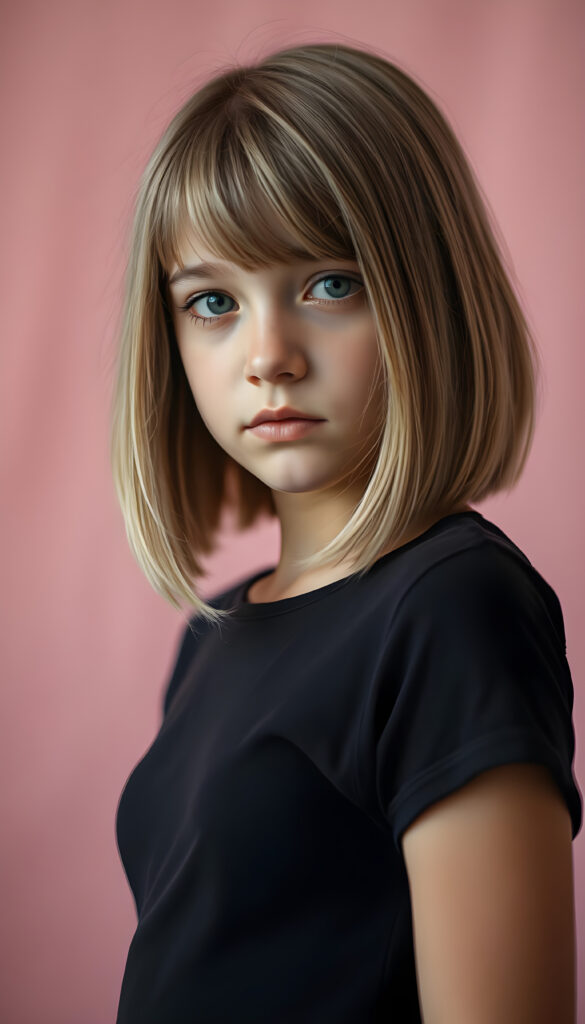 A young girl with striking, straight blonde hair with brown highlights framing her face, bob cut, her bangs styled in a perfect side part, exuding confidence with a curvy silhouette, poses confidently against a soft, pastel pink backdrop. She is dressed in a thin dark t-shirt, perfect female curved body, featuring a sleek black dress that contrasts beautifully with her hair and the background. The lighting is soft and ethereal, highlighting her features and adding a dreamy atmosphere to the scene.