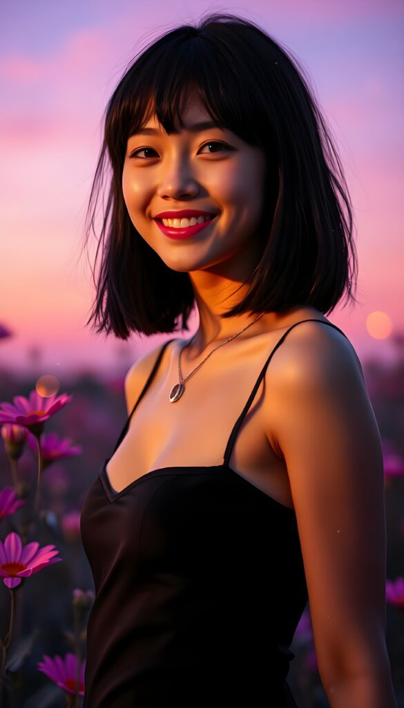 A young girl with dark, shoulder-length hair styled in a sleek bob cut, wearing a black spaghetti strap top with a deep neckline, stands confidently against a backdrop of soft, ethereal twilight. Her playful smile radiates joy, and she strikes a pose that exudes a mix of confidence and elegance. The scene is set in a surreal, dreamy landscape where vibrant, neon flowers bloom around her. The lighting is warm and golden, casting a gentle glow that highlights her features and gives the entire composition a whimsical, almost magical atmosphere. The background is a blend of soft purples and blues, with delicate, glowing particles floating around her, adding to the enchanting and ethereal feel of the image.