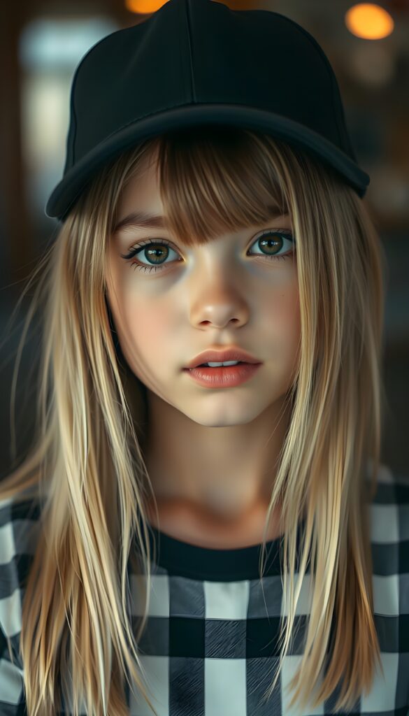 A young girl with straight golden blonde hair and light brown highlights, she is wearing a black baseball cap, her hair falling gently over her upper body. She has dark, round, large eyes and a pouty mouth. She wears a checkered T-shirt that accentuates her wonderful, feminine body. She has a round face, beautiful full lips, her mouth slightly open, and white teeth.