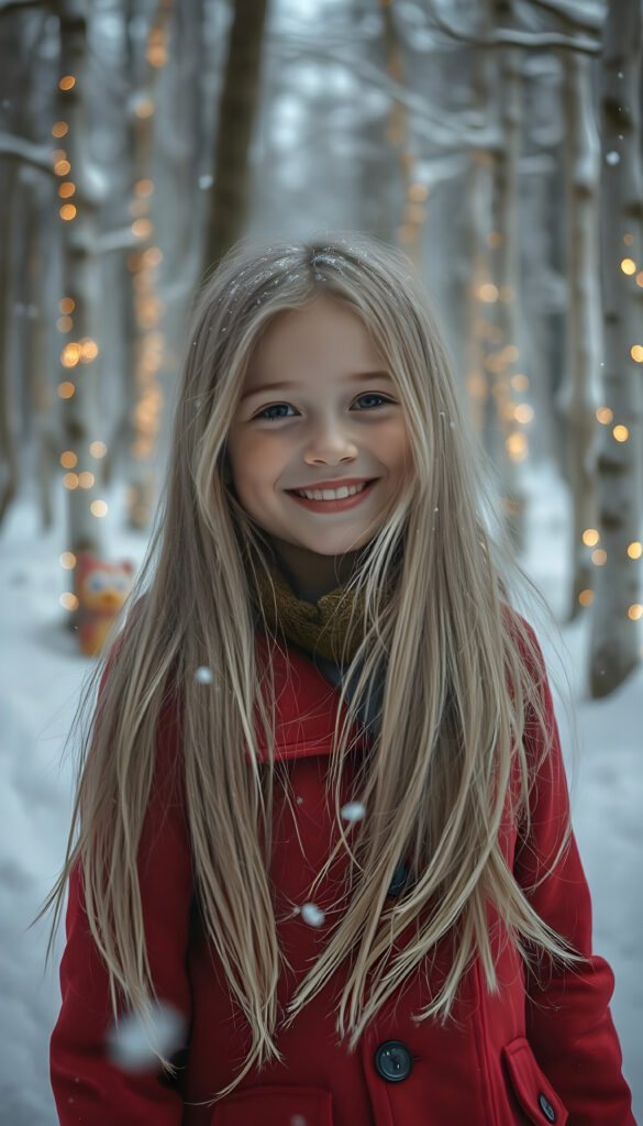 A young girl with long, flowing silver hair, wearing a vibrant red winter coat, stands in a magical winter forest. Snowflakes gently fall around her, creating a serene, enchanting atmosphere. She has rosy cheeks and a joyful smile, revealing her bright white teeth. Her hair dances in the crisp winter breeze. The forest is covered in pristine snow, with whimsical, glowing trees that emit a soft, ethereal light. Colorful, cartoonish animals peek from behind the trees, adding a touch of whimsy and wonder to the scene.
