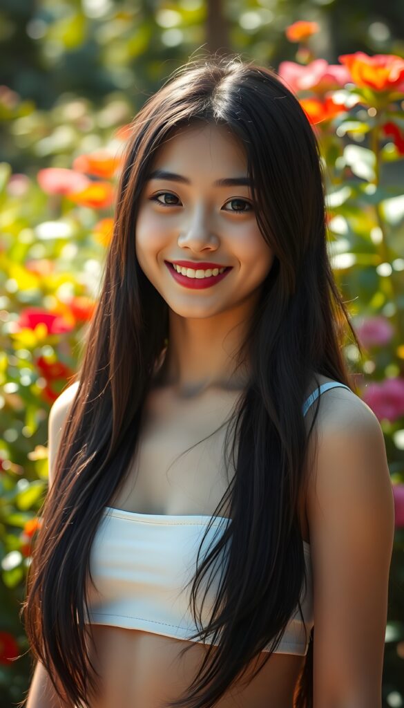 A young girl with long, flowing jet-black hair cascading down her shoulders, her radiant smile accentuated by bold dark red lipstick, stands in a sunlit garden. Her black eyes shine brightly against her pale complexion, framed by perfectly applied black eyeliner. The background features vibrant flowers and lush greenery, creating a magical atmosphere. She is wearing a thin white cropped tank top with a colorful floral pattern that accentuates her perfectly shaped, feminine figure.