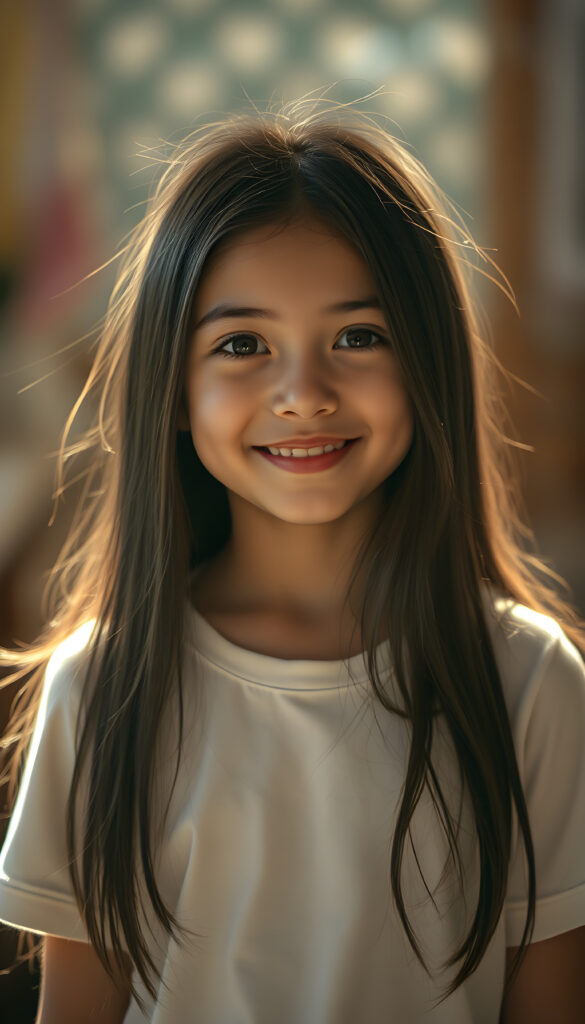 A young girl with long, soft black hair and bright, detailed eyes, wearing a crisp white t-shirt. Her skin has a pale, almost translucent quality, and she smiles playfully at the camera, the scene is bathed in warm, golden light, creating a whimsical and serene atmosphere.