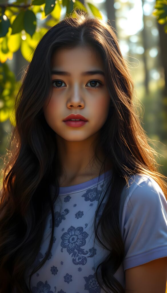 A young girl with long, wavy black hair that cascades down her back in the same length left and right, her deep blue eyes sparkling like sapphires under a soft, golden sunlight filtering through lush green leaves. Her lips, full and vividly red, stand out against her flawless, porcelain-colored skin. She wears light purple cropped t-shirt with intricate floral patterns.. The scene is set in a serene, sunlit forest with tall trees and a gentle breeze, creating a magical and ethereal atmosphere.