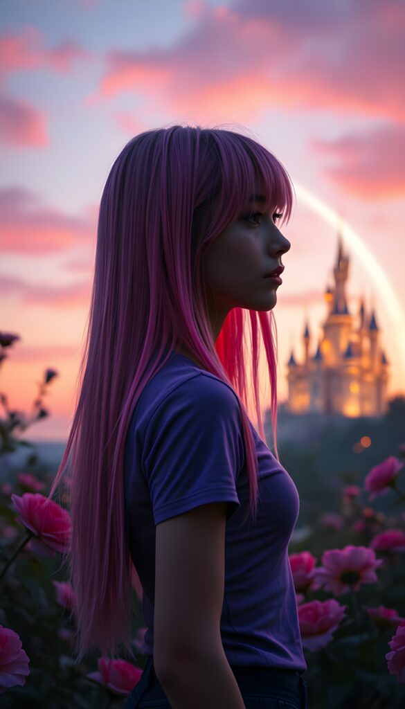 A young girl with ((long, straight neon pink hair)), dressed in a fitted violet t-shirt, stands in a whimsical garden at twilight. The garden is filled with vibrant, oversized flowers, and the sky is a blend of soft pinks and purples. She gazes thoughtfully at a distant, ethereal castle illuminated by a warm, magical glow, with a rainbow arching over the landscape. Perfect female curved body. View from the side.