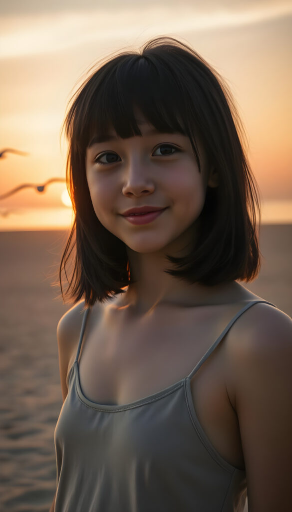 A young girl with soft, dark shoulder-length hair and gentle bangs, her face round and detailed, stands on a vast, deserted beach at sunrise. The sky is a blend of warm oranges and soft pinks, casting a golden glow over the calm sea. She wears a thin, fine-wool tank top, her eyes gazing at the horizon with a warm, serene smile. The perspective is from above, capturing her silhouette against the rising sun, with seagulls soaring in the distance. The composition is balanced, with the beach stretching out to meet the horizon, creating a sense of peace and solitude.