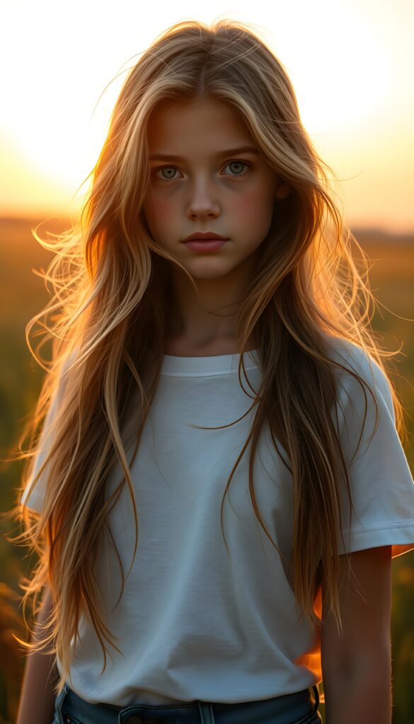 A young girl with pale skin and long light brown hair with blonde highlights, wearing a white t-shirt, stands in a grassy meadow bathed in the warm glow of the sunset. Her hair is gently blowing in the wind, and her green eyes sparkle with a soft, tranquil expression.