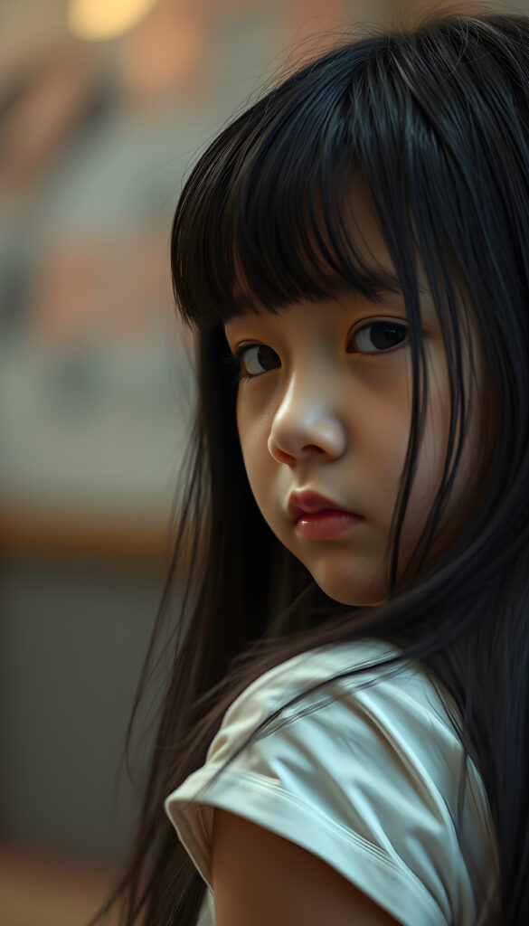 an artistic image shows a young girl with long black hair looks at the viewer. She looks very sad, side view