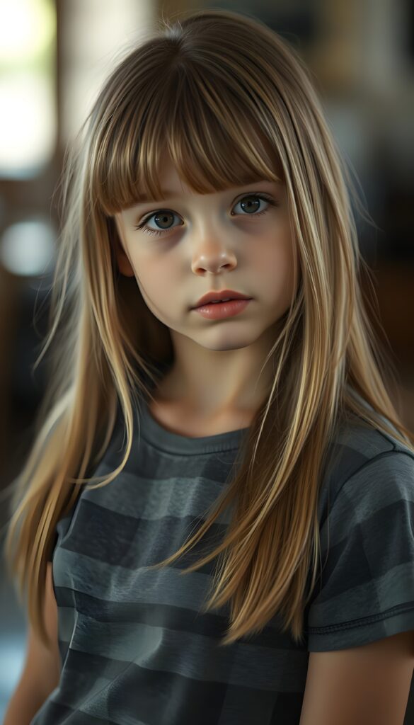 A young girl with straight golden blonde hair and light brown highlights, her hair falling gently over her upper body, bangs cut frame her round face. She tilts her head slightly. She has dark, round, large eyes and a pouty mouth. She wears a grey checkered T-shirt that accentuates her wonderful, feminine body. She has a round face, beautiful full lips, her mouth slightly open, and white teeth.
