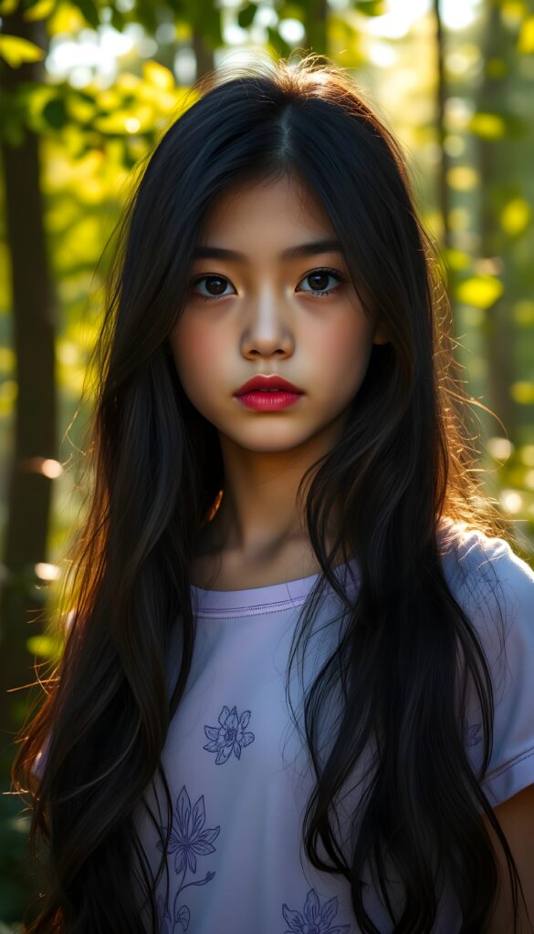 A young girl with long, wavy black hair that cascades down her back in the same length left and right, her deep blue eyes sparkling like sapphires under a soft, golden sunlight filtering through lush green leaves. Her lips, full and vividly red, stand out against her flawless, porcelain-colored skin. She wears light purple cropped t-shirt with intricate floral patterns.. The scene is set in a serene, sunlit forest with tall trees and a gentle breeze, creating a magical and ethereal atmosphere.