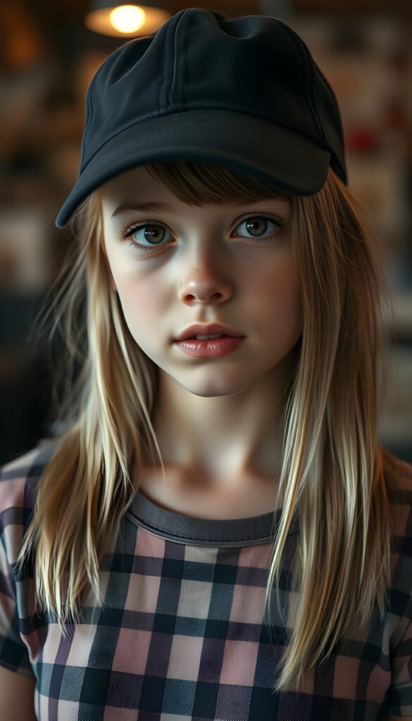 A young girl with straight golden blonde hair and light brown highlights, she is wearing a black baseball cap, her hair falling gently over her upper body. She has dark, round, large eyes and a pouty mouth. She wears a checkered T-shirt that accentuates her wonderful, feminine body. She has a round face, beautiful full lips, her mouth slightly open, and white teeth.