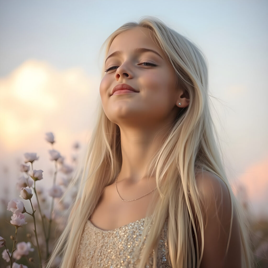 A young girl with long, flowing platinum blonde hair, her eyes closed in anticipation, a round face with full, kissable lips slightly parted, revealing her white teeth, stands against a soft gradient of light blue and lilac. Her head is tilted slightly upwards, wearing a delicate, shimmering gold dress that sparkles under the warm, golden hour light filtering through the serene clouds above. The scene is dreamy, with soft, pastel-colored flowers gently swaying in the breeze around her, creating a romantic and whimsical atmosphere.