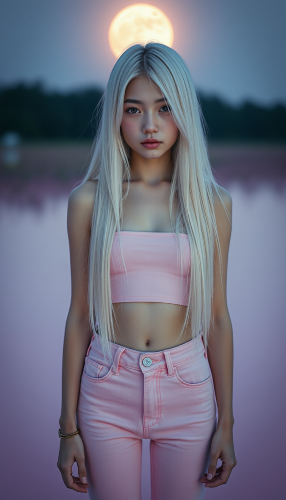 A young girl with long, straight full open white hair reach to her hip; she wears a pink thin plain cropped tank top that perfectly accentuates her perfectly feminine figure and pink jeans pants; she stands in a fantastical, unrealistic, glowing pink lake that reflects the moonlight. She has flawless skin. Beautiful. Fantastic.