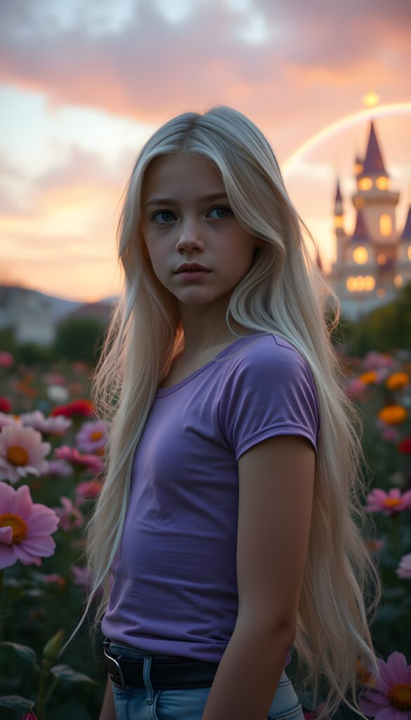 A young girl with long, flowing white hair and expressive brown eyes, dressed in a fitted violet t-shirt, stands in a whimsical garden at twilight. The garden is filled with vibrant, oversized flowers, and the sky is a blend of soft pinks and purples. She gazes thoughtfully at a distant, ethereal castle illuminated by a warm, magical glow, with a rainbow arching over the landscape.