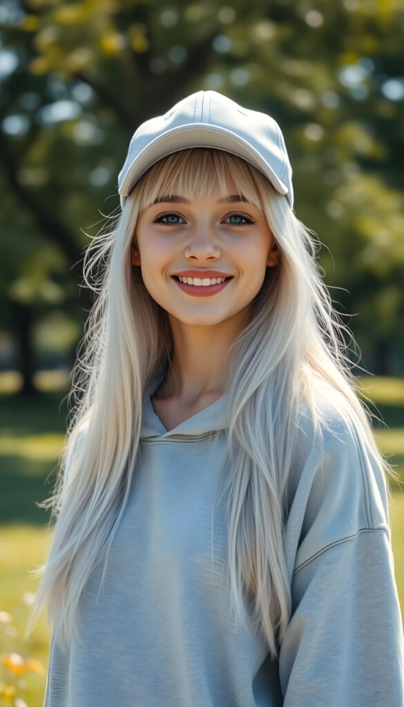 A young girl with long white hair, bangs, red lips, smiling. Baseball cap. Cute. Light grey fine oversized hoodie. Sunny park in backdrop.