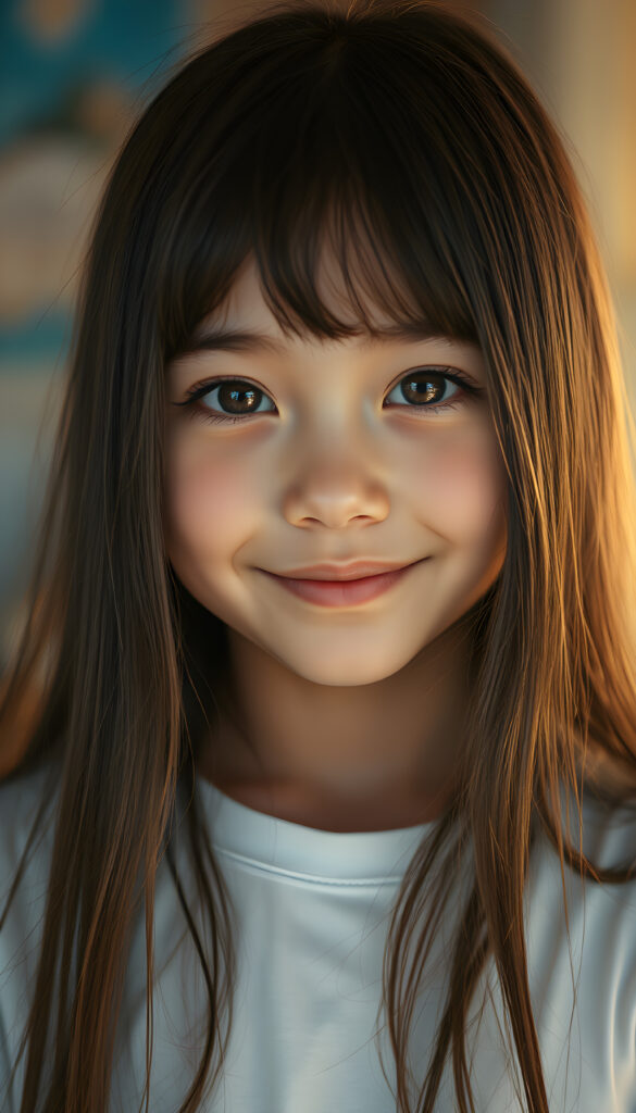 A young girl with long, soft black hair and bright, detailed eyes, wearing a crisp white t-shirt. Her skin has a pale, almost translucent quality, and she smiles playfully at the camera, the scene is bathed in warm, golden light, creating a whimsical and serene atmosphere.
