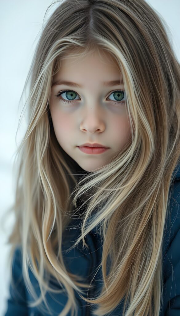 A young girl with long, thick, soft full open light-blonde hair and brown highlights is wearing a thick blue winter jacket. She has green eyes, white backdrop. She looks up to the viewer.