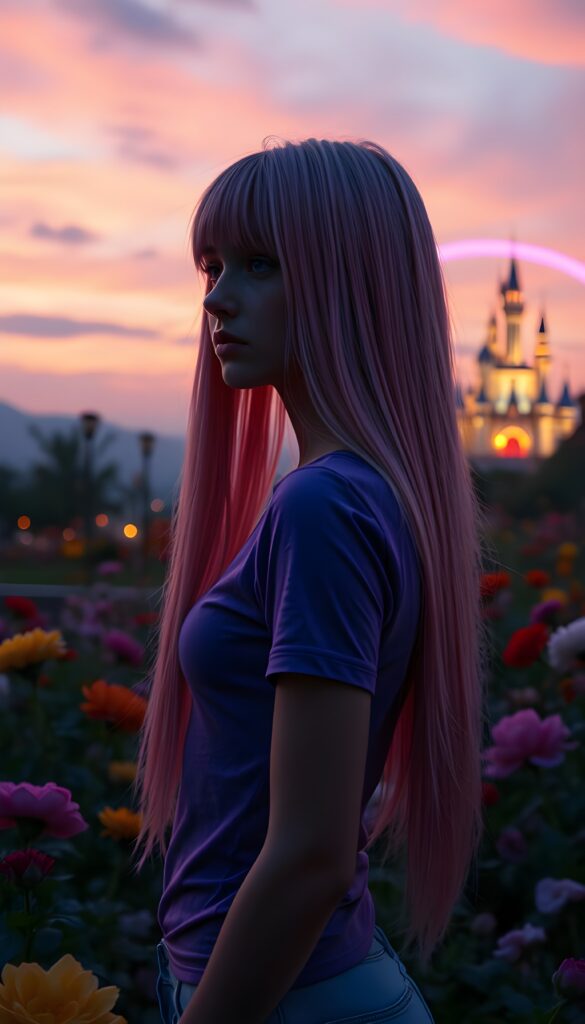 A young girl with ((long, straight neon pink hair)), dressed in a fitted violet t-shirt, stands in a whimsical garden at twilight. The garden is filled with vibrant, oversized flowers, and the sky is a blend of soft pinks and purples. She gazes thoughtfully at a distant, ethereal castle illuminated by a warm, magical glow, with a rainbow arching over the landscape. Perfect female curved body. View from the side.
