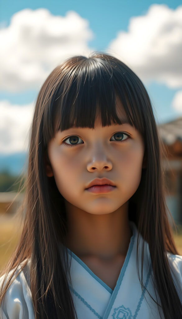 A young girl with long, straight, shiny black hair and bangs stands in a traditional white and light blue Ainu dress. Her delicate, pale skin and distinctive light blue eyes are meticulously detailed, with a serene and natural expression. Her full lips are painted a soft pink. The image is vibrant, featuring a bright blue sky with fluffy white clouds, contrasting beautifully with the intricate patterns of her dress. The composition highlights the cultural richness and natural beauty, with warm sunlight casting a gentle glow on her face and dress.