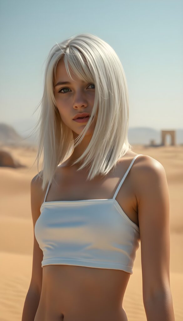 a girl with white soft long straight hair in a perfect shoulder length bob cut, white dressed in a tank top, in a sandy desert.