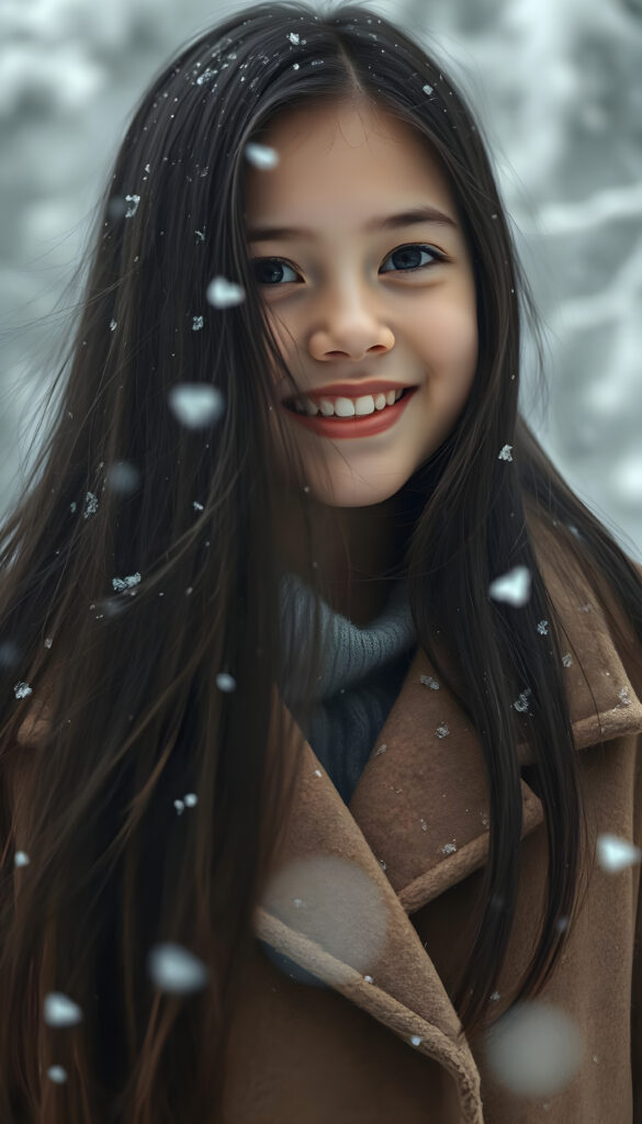 A young girl with long, straight, shiny black hair wears a thick brown winter coat. Snow is falling. A white, snow-covered winter forest. She has red cheeks, red lips, and is smiling, white teeth. Her hair blows gently in the wind.