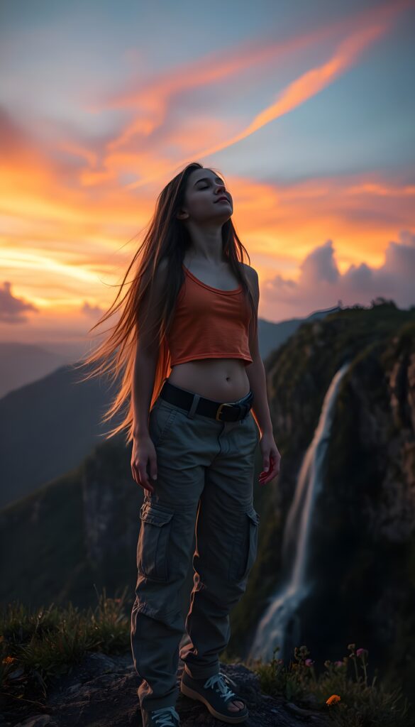 A young girl with long, flowing hair stands triumphantly on a mountain peak, her eyes closed in serene contemplation. She wears a vibrant, cropped tank top and cargo pants, blending harmoniously with the vivid hues of the sunset. The sky is painted with streaks of orange and pink, while fluffy clouds drift lazily by. The mountainside is alive with lush greenery and wildflowers, and a waterfall cascades down the cliff, reflecting the soft, golden light. A gentle breeze rustles the leaves, adding to the peaceful ambiance.